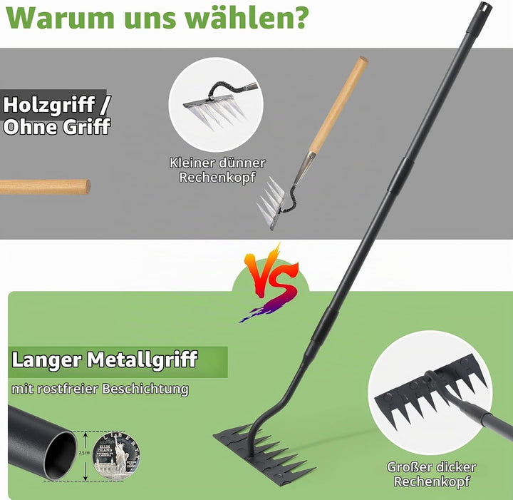 Garten Harke, 140cm Langer Griff, 8 Zinken Schwerlast Gartenrechen Metal Kohlenstoffstahl Garten Rec