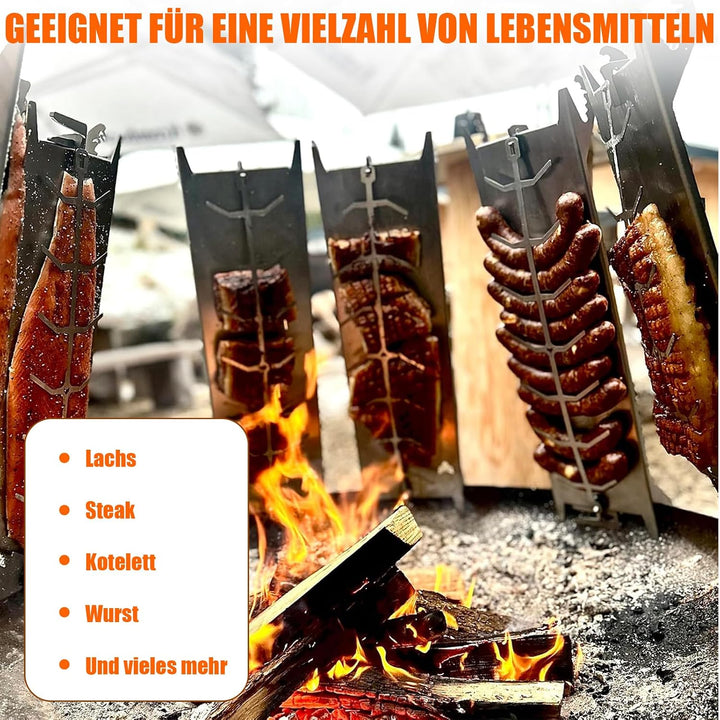 Flammlachsbrett aus Edelstahl 52×12 cm, Verstellbare Halterung | 180° Drehbar | 5-Stufig Einstellbar