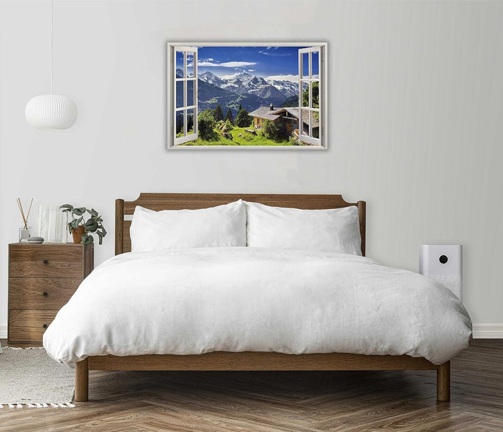 HUBDECO Leinwandbild Fensterblick Alpenberge Bild 70x50 cm - Landschaftsbilder auf Leinwand - Wandbi
