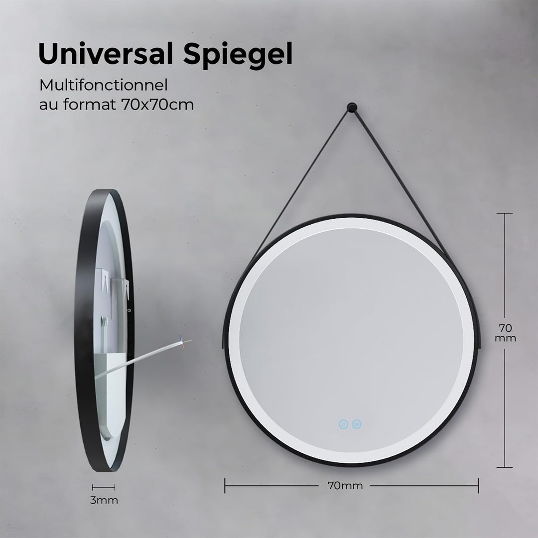 Heilmetz Badspiegel mit Beleuchtung Rund 70cm, LED Badezimmerspiegel mit Licht, 3 Lichtfarben Dimmba