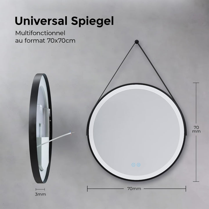 Heilmetz Badspiegel mit Beleuchtung Rund 70cm, LED Badezimmerspiegel mit Licht, 3 Lichtfarben Dimmba