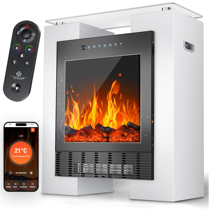 KESSER® LED Kamin mit Heizung elektrisch | Heizlüfter Elektrokamin mit Thermostat, Standkamin mit re