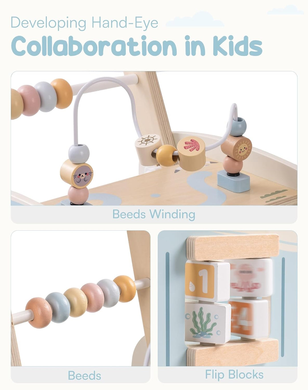 ROBUD Lauflernwagen Holz, Multifunktion Baby Lauflernhilfe mit & Rädern & Bauklötzen Spielgeräte Akt