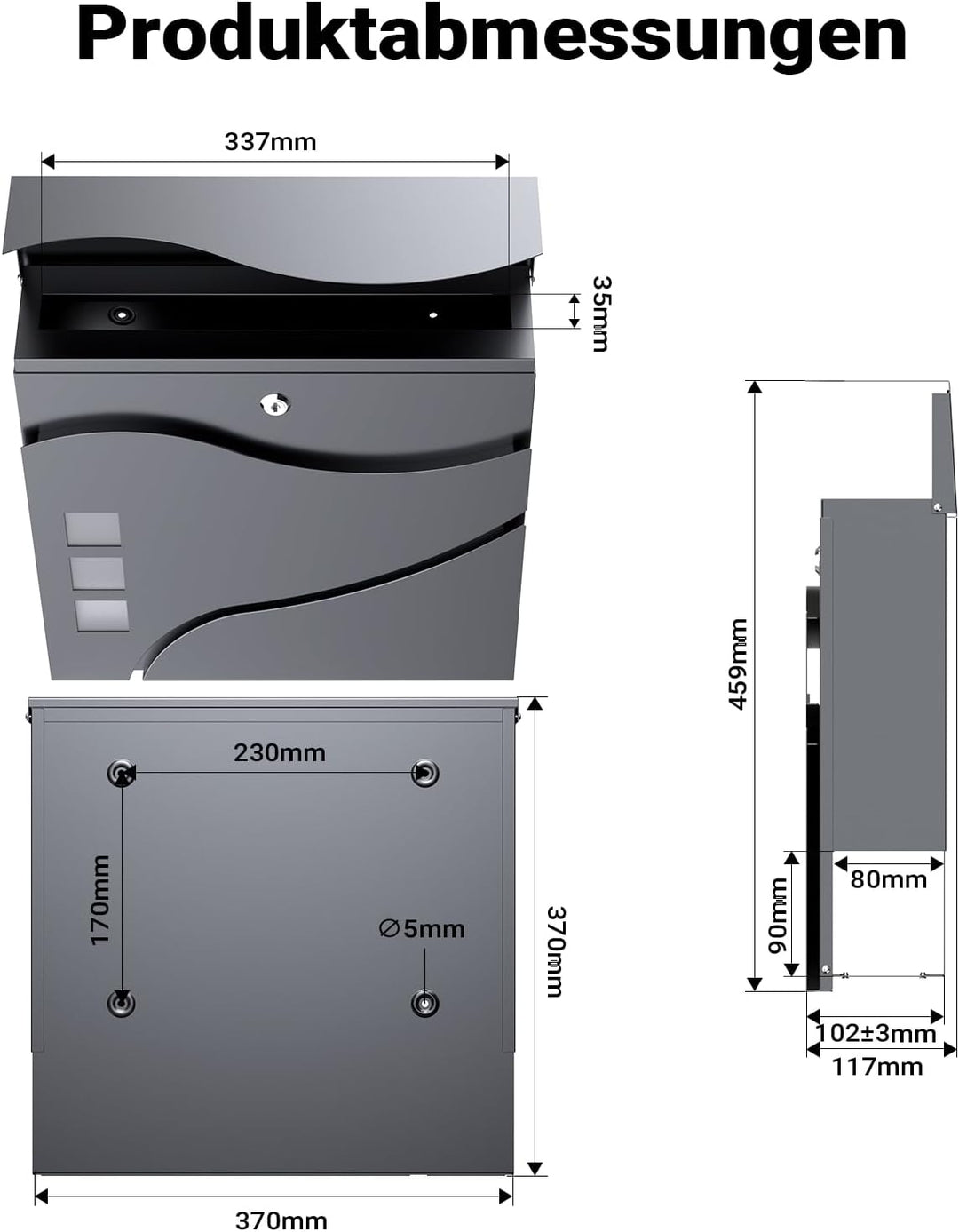 Wiltec Designer Briefkasten V28 Anthrazit 370 x 105 x 370 mm, Wandbriefkasten mit Schloss, Sichtfens