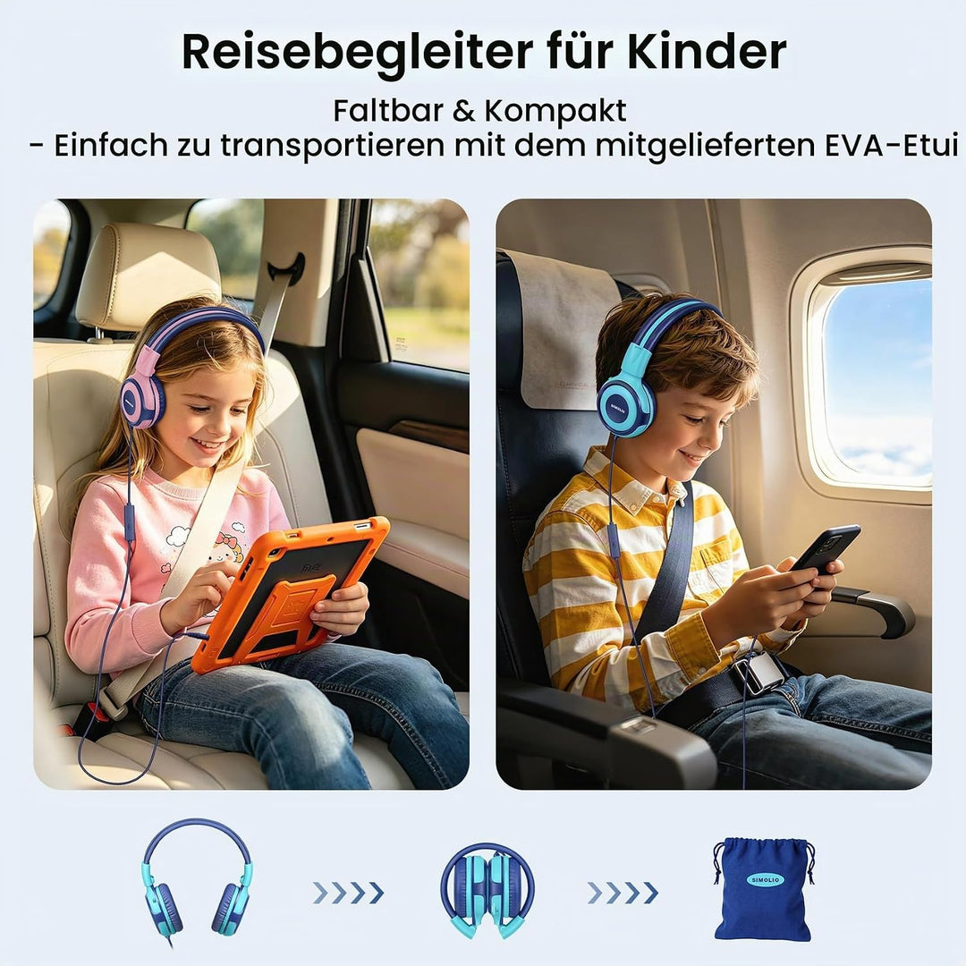 SIMOLIO Kopfhörer Kinder mit eingebautem Mic, Kinderkopfhörer mit Lautstärkebegrenzung 94-85-75dB, S