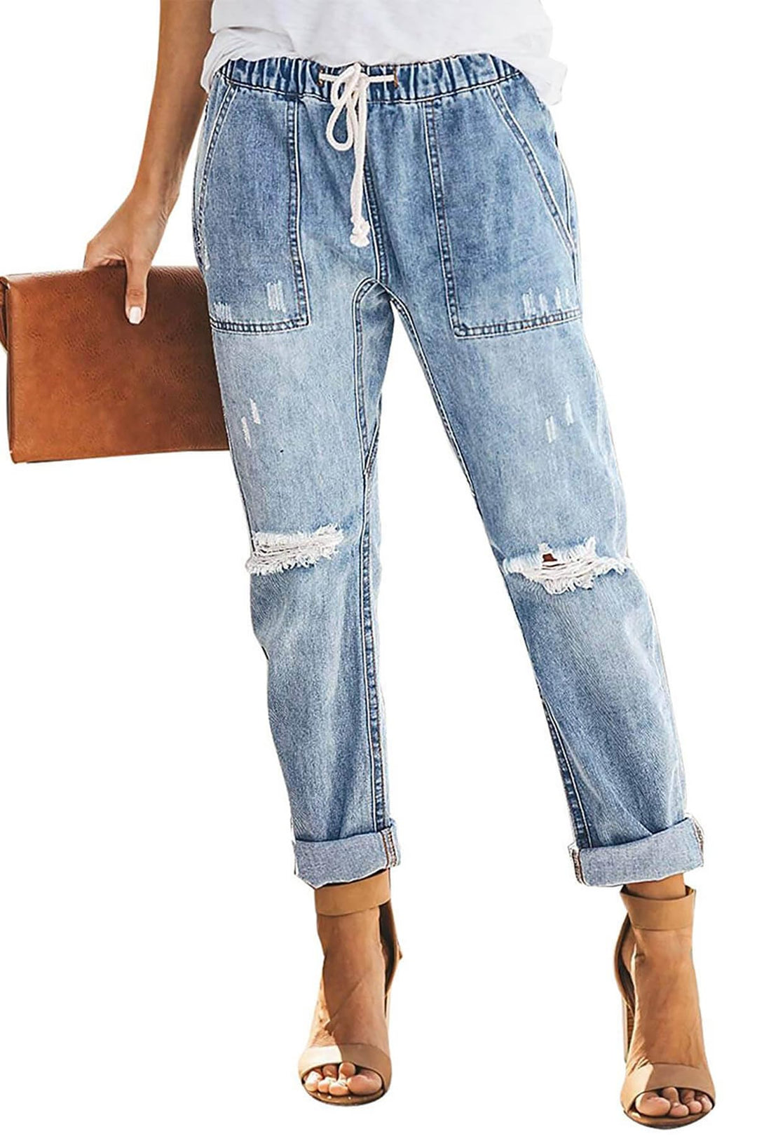 Alaster Queen Jeans Damen Lässig High Waist Jeans Baggy Jeans Damen Knie Zerrissen Jeans 209-hellbla