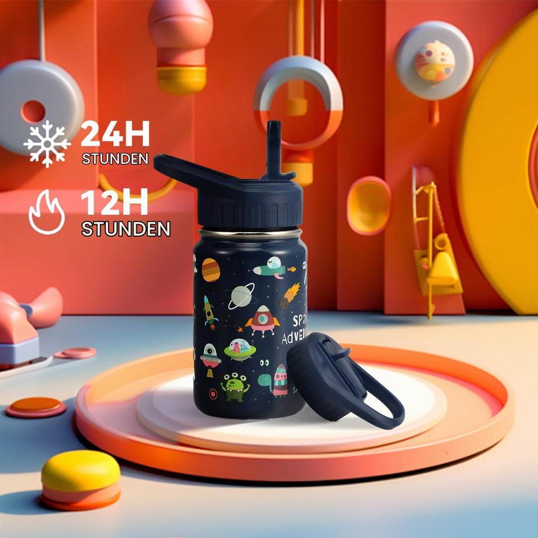 SANTECO Trinkflasche Kinder Edelstahl 350ml mit Strohhalm Auslaufsicher - Kinder Thermosflasche BPA-