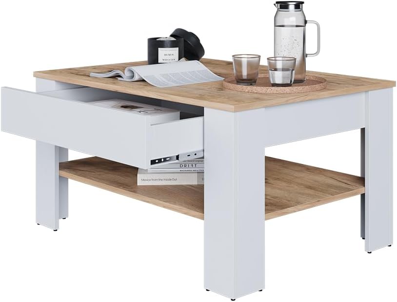 Vicco Couchtisch Milan, Wohnzimmertisch mit Schublade, Weiss/Goldkraft Eiche, 92.2 x 65 cm, Weiß