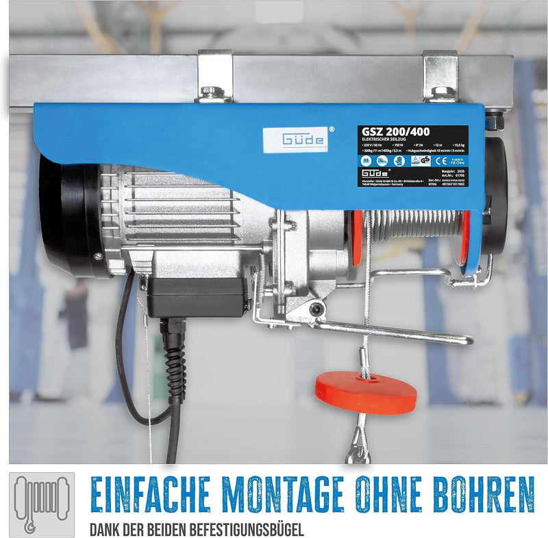 Güde Elektrischer Seilzug GSZ 200/400 (750 W, GS-geprüft, max. Hubkraft ohne/mit Umlenkrolle 200/400