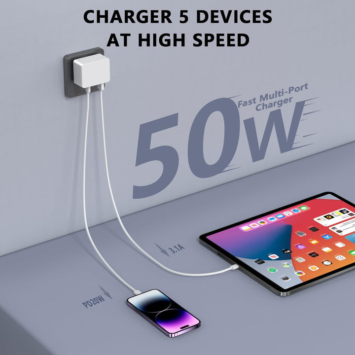 USB Ladegerät Mehrfach ladestation(2er Pack), USB stecker 50W 5 Ports Schnellladegerät PD 3.0 Power