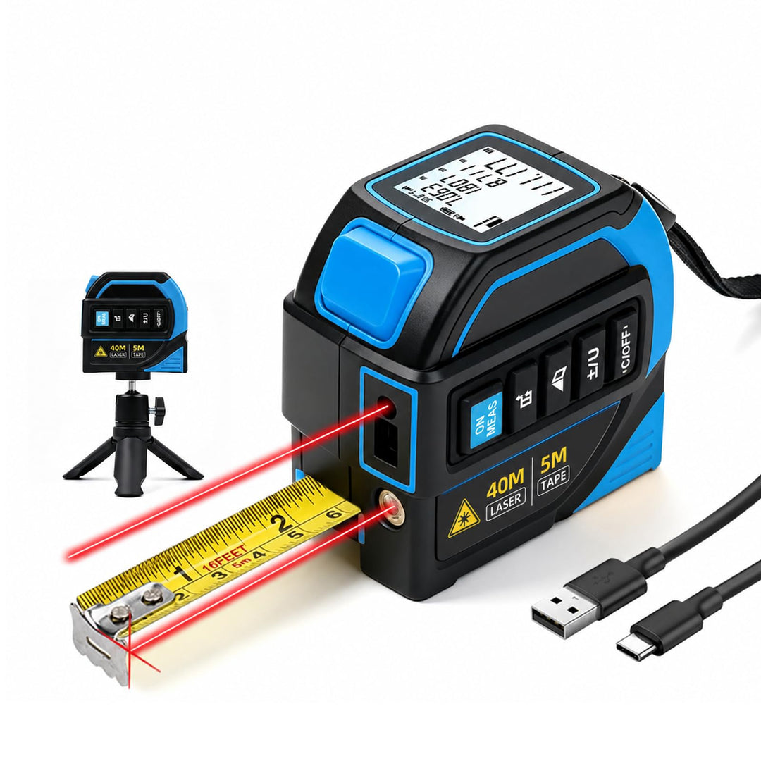 4-in-1 Laser Massband 40m + 5m Bandmass, Wiederaufladbarer Laser-Entfernungsmesser mit Wasserwaage u