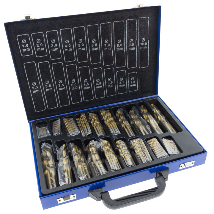 Toolchest Premium HSS Spiralohrer Set 170-tlg. 1-10 mm titannitriert DIN 338 im Metallkoffer Metallb