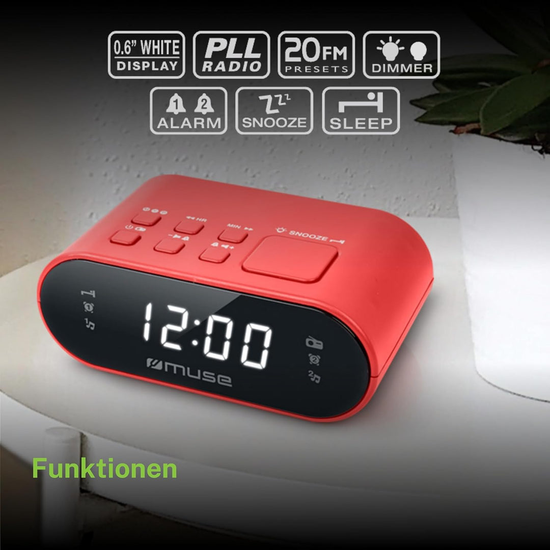 MUSE M-10 RD Radiowecker mit LED-Display, Zwei Weckzeiten, dimmbar, digitaler UKW-Tuner, 20 Sendersp