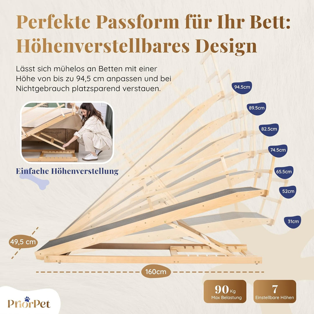 Hunderampe Bett mit Sicherheitsgeländer - Für Grosse Hunde bis zu 90 kg - Höhenverstellbare hundetre