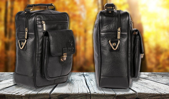 MATADOR Echt Leder Herren Umhängetasche Damen Schultertasche Schwarz Ledertasche Hochwertige Henkelt