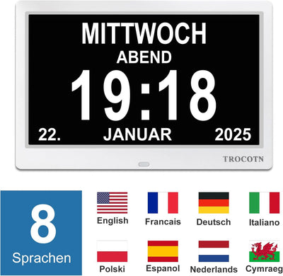 TROCOTN 10 Zoll Digitale Uhr Tagesuhr Grosses Display Wecker Wanduhr (Weiss) 10 Zoll Weiss, 10 Zoll