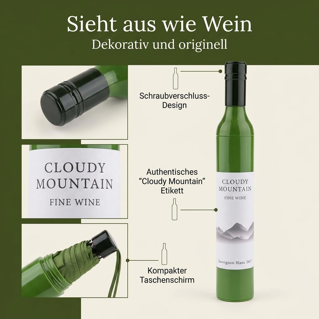 MIJOMA Taschenschirm in Flaschenoptik – kompakter Regenschirm als dekorative Geschenkidee mit Überra