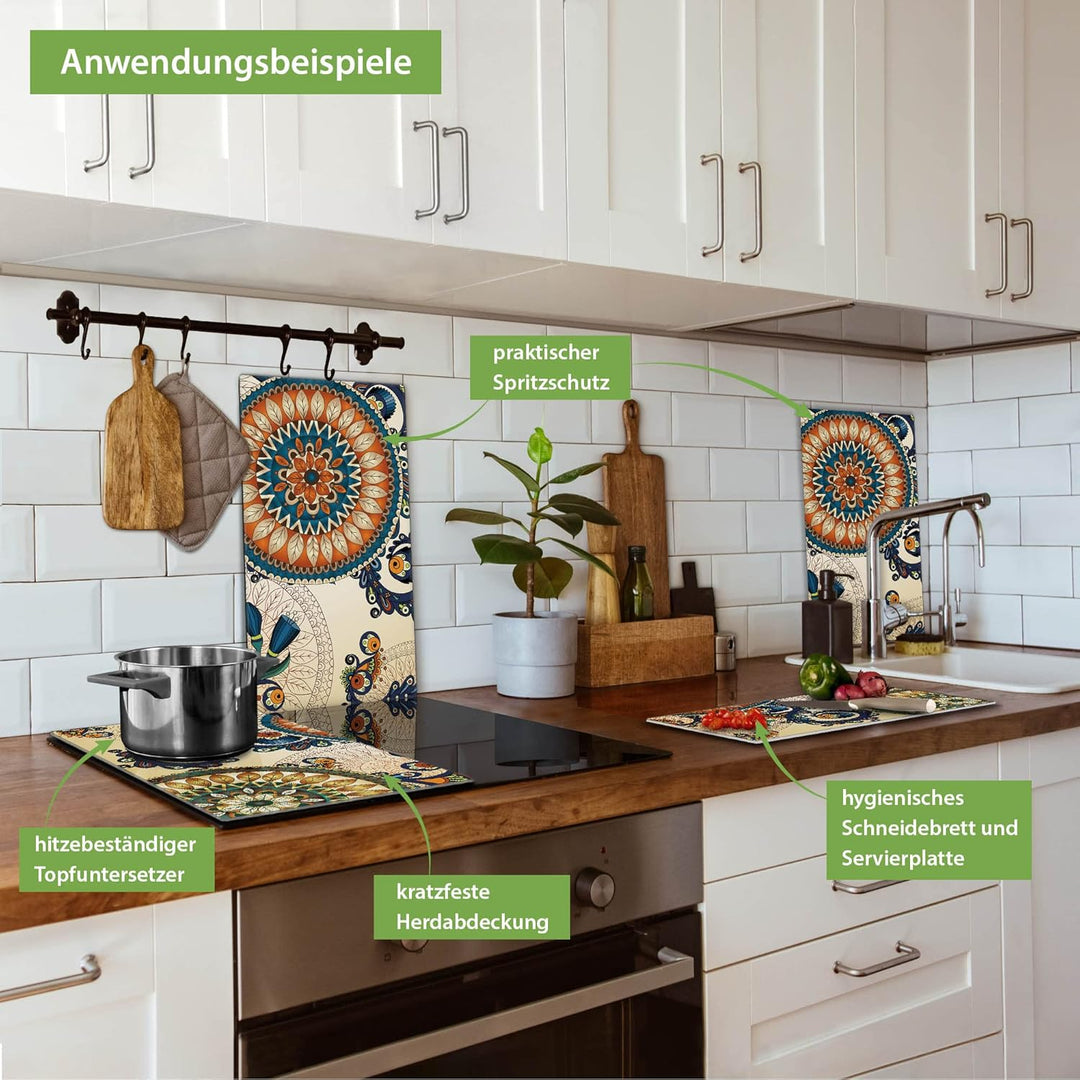 banjado® Herdabdeckplatte Glas 2-teilig je 30x52 cm/Schneidebrett Herdabdeckung mit Motiv Modernes M
