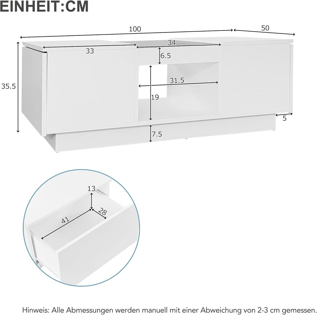 Merax Couchtisch Hochglanz mit LED Beleuchtung, Mitteltisch Teetisch für Wohnzimmer, Weiss Wohnzimme