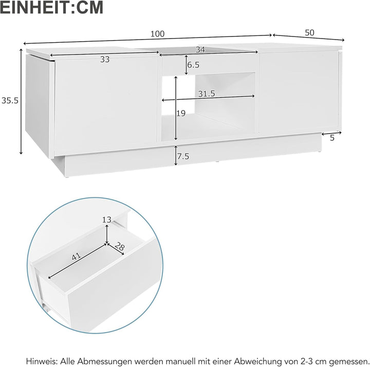 Merax Couchtisch Hochglanz mit LED Beleuchtung, Mitteltisch Teetisch für Wohnzimmer, Weiss Wohnzimme