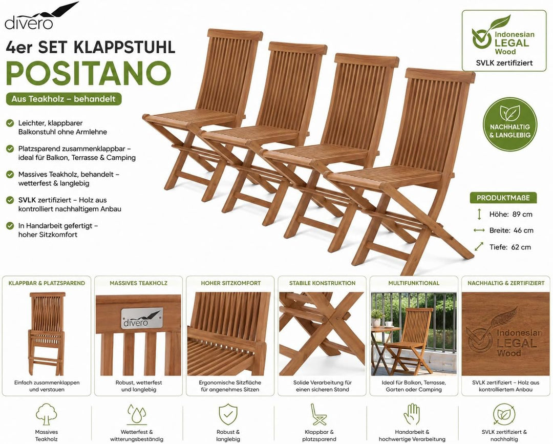 Divero 4er Set Gartenstuhl Balkonstuhl Hochlehner Teakholz Stuhl für Terrasse Camping kompakt klappb