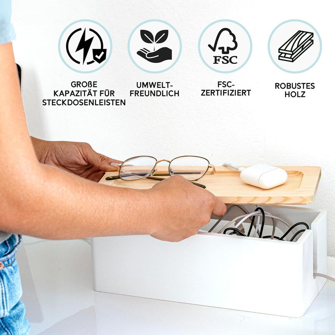 Nature Supplies Set mit 2 Kabelboxen aus Kiefernholz - 1 Klein Kabelbox als Schreibtisch-Organizer,