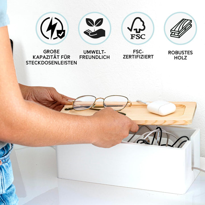 Nature Supplies Set mit 2 Kabelboxen aus Kiefernholz - 1 Klein Kabelbox als Schreibtisch-Organizer,