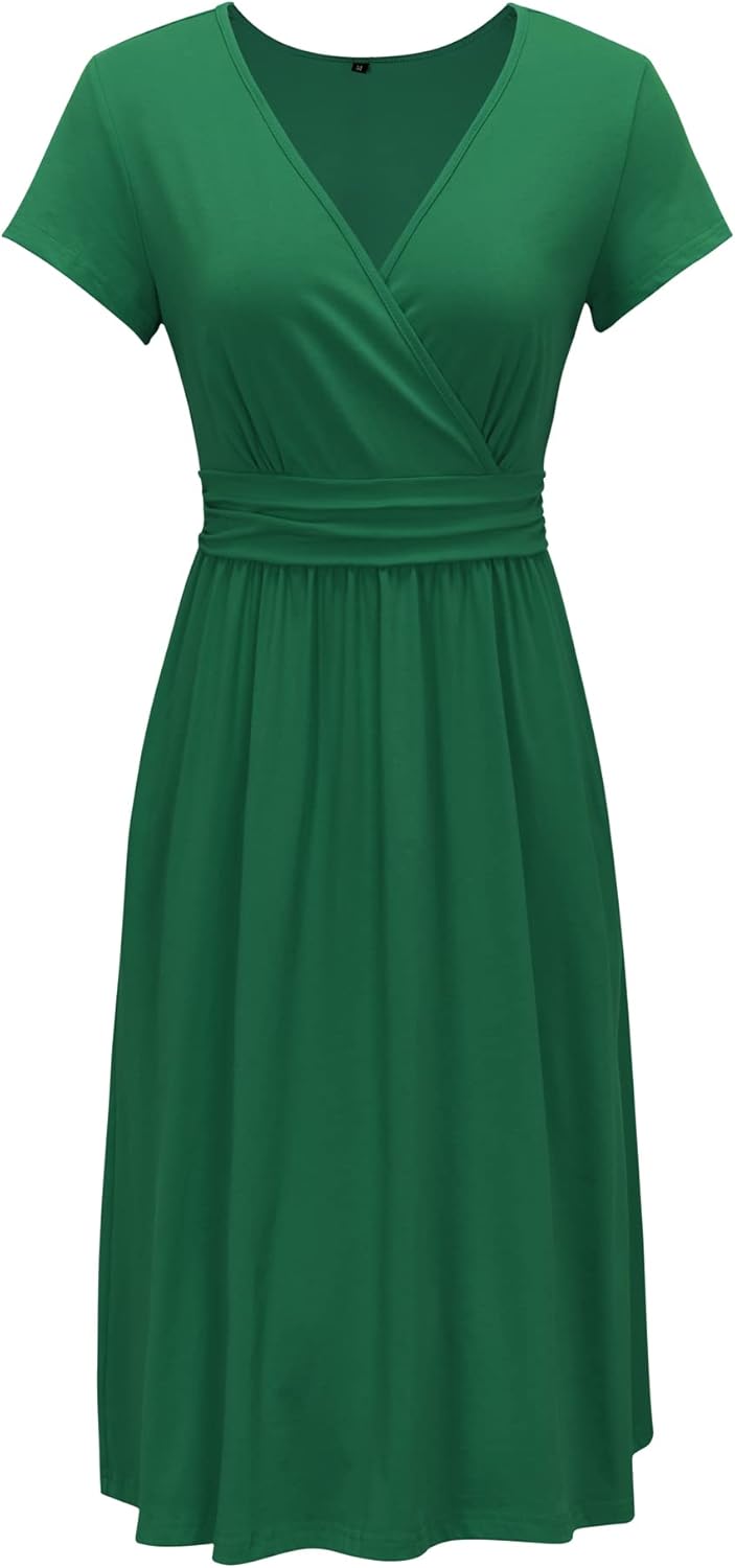 OUGES Sommerkleid Damen Kurzarm V-Ausschnitt Knielang Blumenmuster Midi Kleid mit Taschen S Grün, S