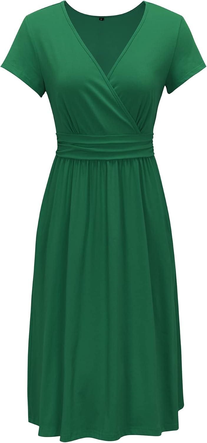 OUGES Kleid Damen Kurzarm/Langarm Sommer Herbstkleid V-Ausschnitt Casual Midi Freizeitkleid mit Tasc