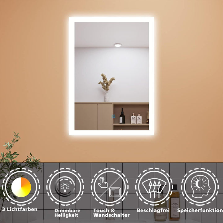 Aica Sanitär Badspiegel mit Beleuchtung 50×70cm 3 Lichfarbe dimmbar Memory Wand/Touchschalter Anti-B