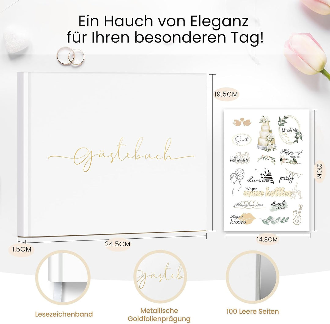 Hyggartn Gästebuch Hochzeit mit Stickern – Weisses Blanko Gästebuch 100 Seiten, Hochzeitsgästebuch &