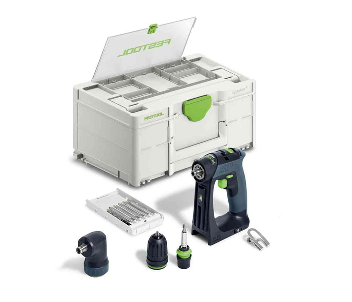 Festool – Akku-Bohrschrauber CXS 18-Basic-Set inkl. Magnet-Bithalter + Werkzeugfutter + Winkelvorsat