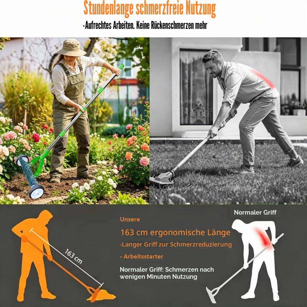 Handvertikutierer mit Rollen, Schneidrechen mit Stiel 165cm, Vertikutierer Rechen Hand mit Gartenabf