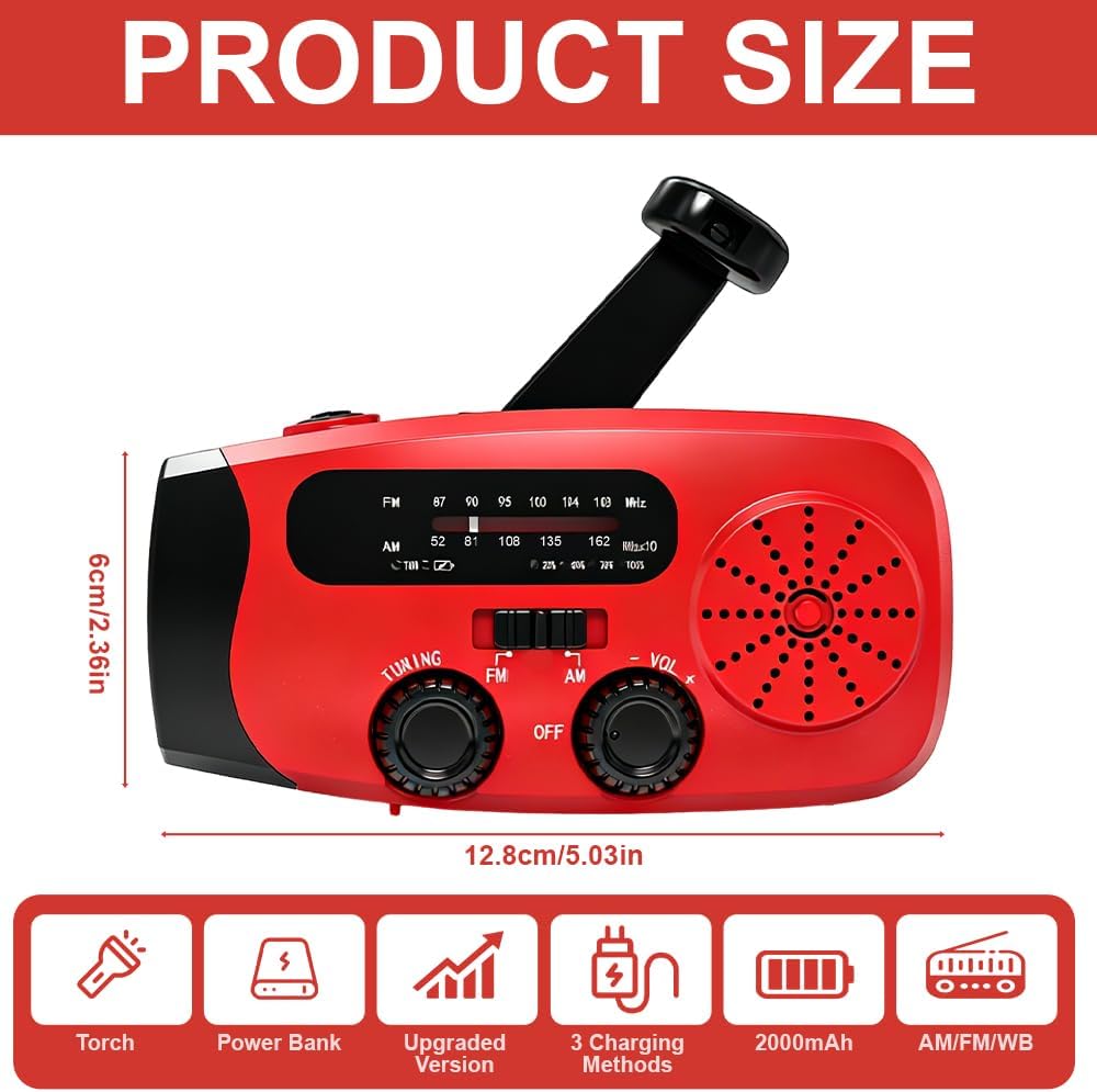 Notfallradio mit Kurbel und Solar, Tragbares Kurbelradio mit LED-Taschenlampe, Aufziehbares Solar No