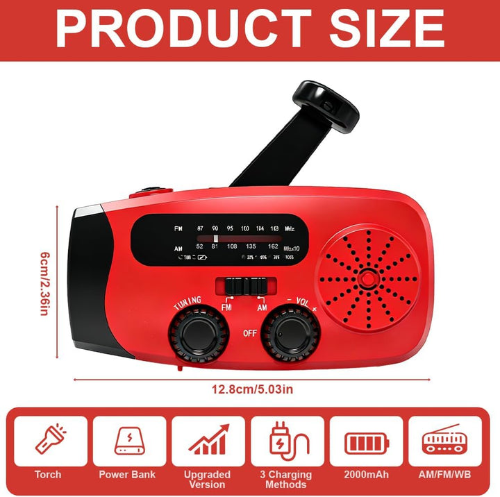 Notfallradio mit Kurbel und Solar, Tragbares Kurbelradio mit LED-Taschenlampe, Aufziehbares Solar No