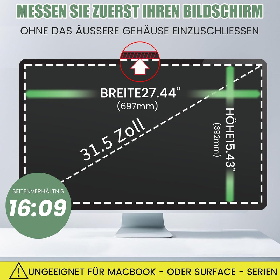 Blickschutzfolie für 31,5/32 Zoll 16:9 Monitor, Abnehmbarer Sichtschutzfilter mit Blaulichtfilter, H