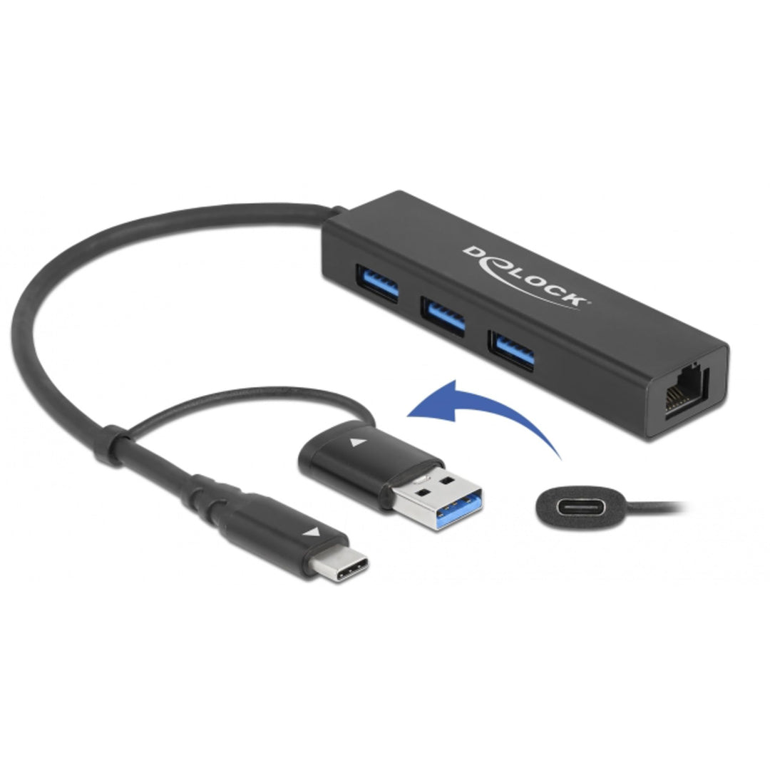 Delock 3 Port USB 3.2 Gen 1 Hub + Gigabit LAN