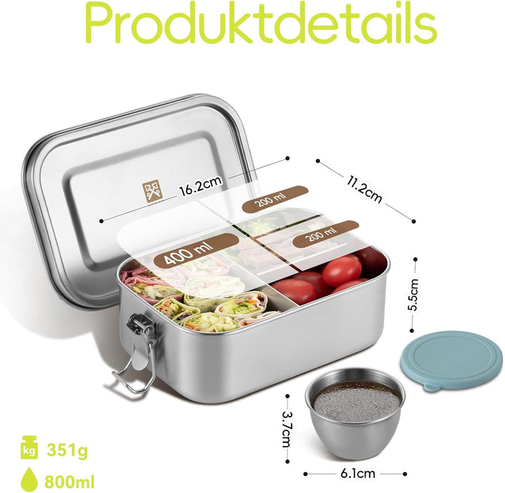 GOLDEN KEY Edelstahl Brotdose kinder,Lunchbox Edelstahl 800ml mit Fächern Dichtung,Bento Box Edelsta