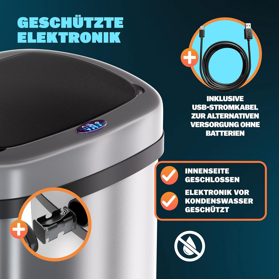 Monzana® Mülleimer mit Sensor Küche 50L Edelstahl Elektrisch Deckel Klemmring inkl. USB-Kabel Abfall