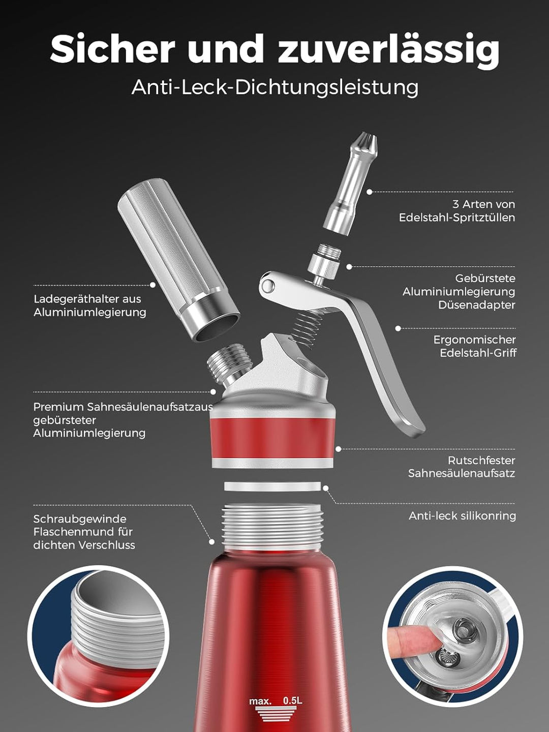 SimCoker Sahnespender 500ml, Aluminium Schlagsahnebereiter für Schlagsahne, Cremes und Sossen,Sahnes
