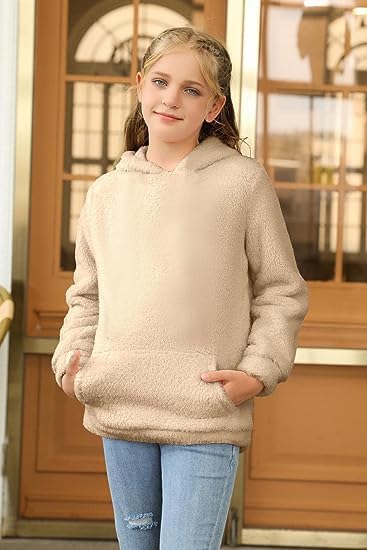 Runcati Pullover Mädchen Kapuzenpullover Fuzzy Teddy Fleece Sweatshirts mit Kapuze Taschen Freizeit