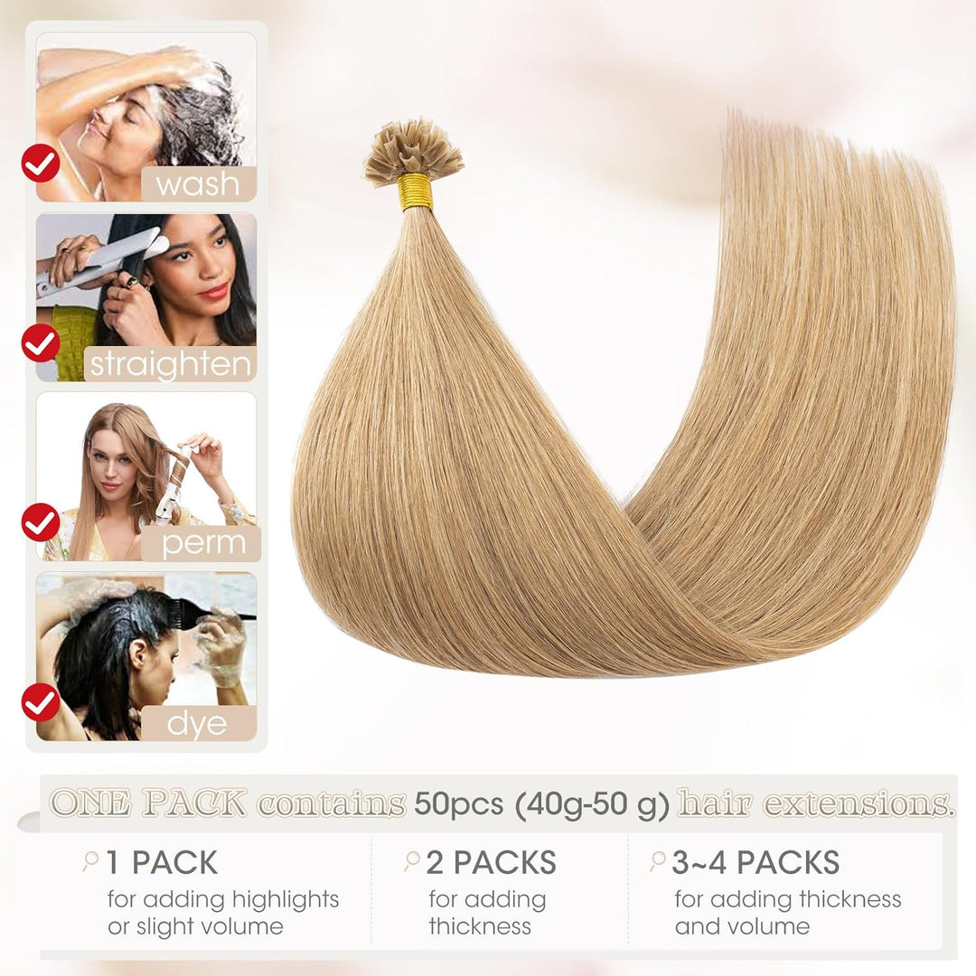 Elailite Echthaar Bonding Extensions 40g Haarverlängerung Keratin U Tip 1g/pcs 35cm 50 Stück #27 Hon