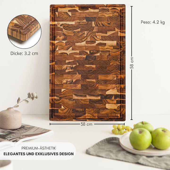 Erreke Schneidebrett Holz, Schneidebrett Holz Gross, End Grain Teakholz 58cm Lang, Dicke 3.2 cm, Ant