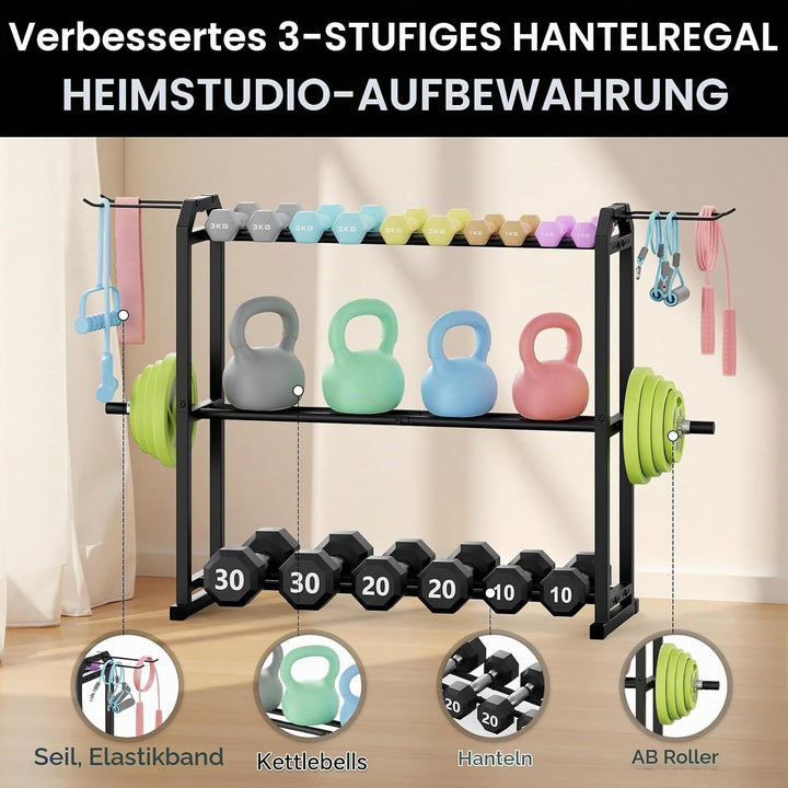 IMAYCC Verstellbarer Dreistöckiger 85x32x80CM Hantelständer- Gewichtslagerständer für Hanteln, Kettl