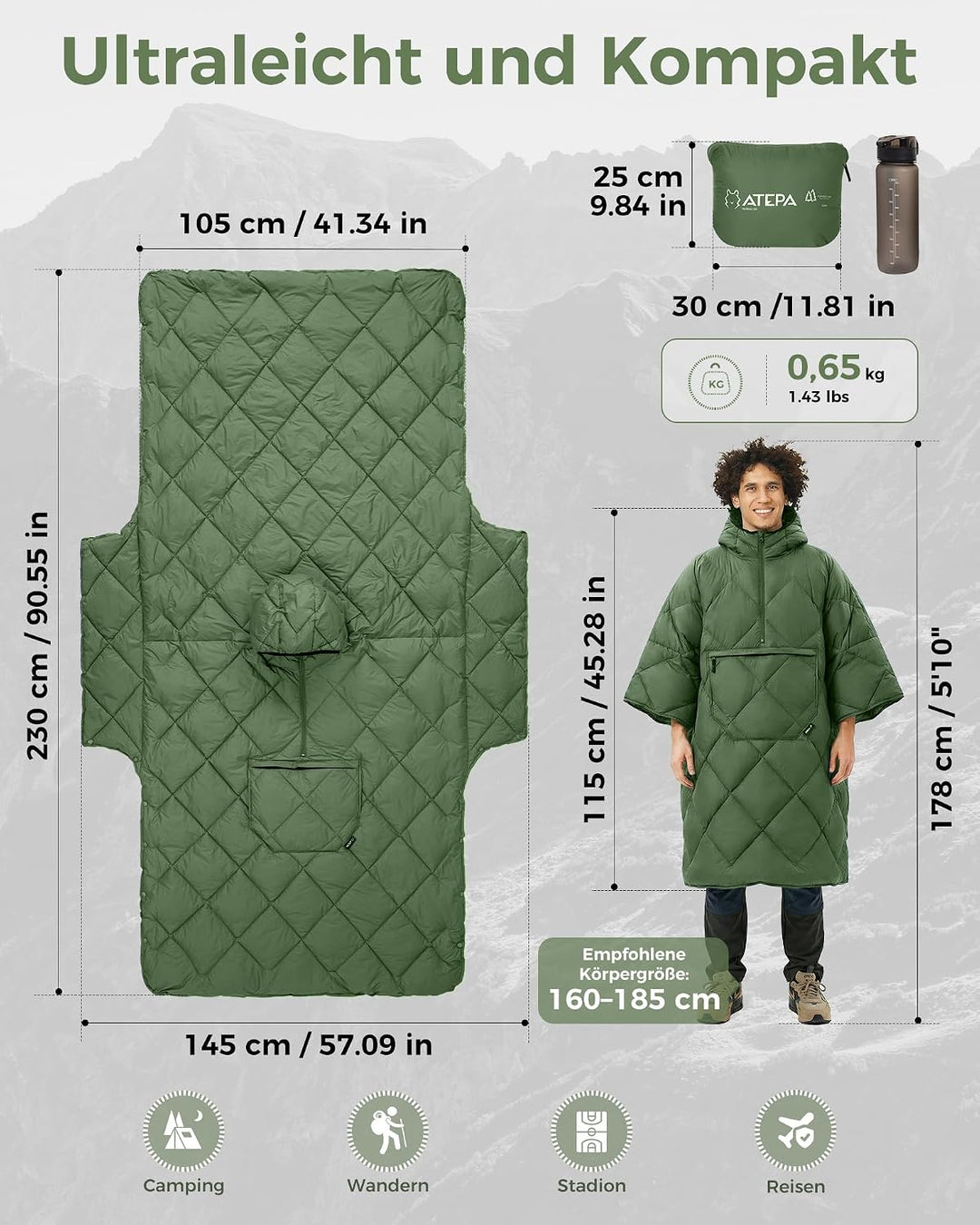 ATEPA Camping Poncho Decke & Tragbarer Schlafsack – Ultraleichte Warme Outdoor Decke Aus Recycelten