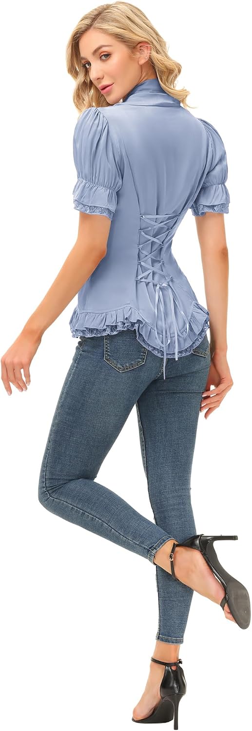 SCARLET DARKNESS Damen Rüschenbluse Mittelalter Spitzen Shirt Gothic Bluse | Kurzarm mit Rüsche, V-A