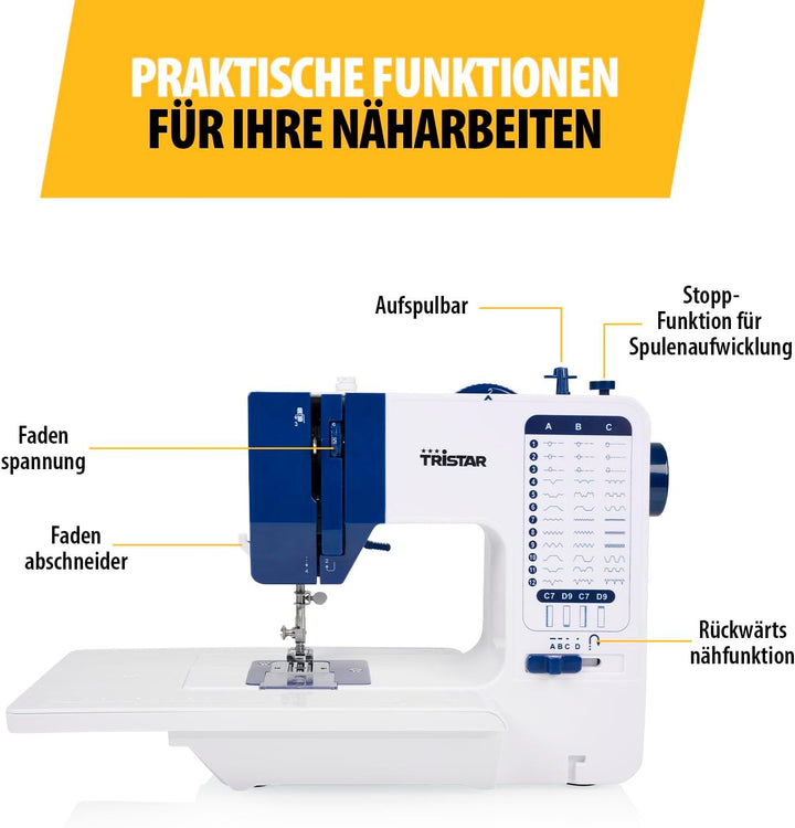 Tristar Nähmaschine mit 38 Stichprogrammen, Abnehmbarem Anschiebetisch, Freiarm, LED-Licht, Automati