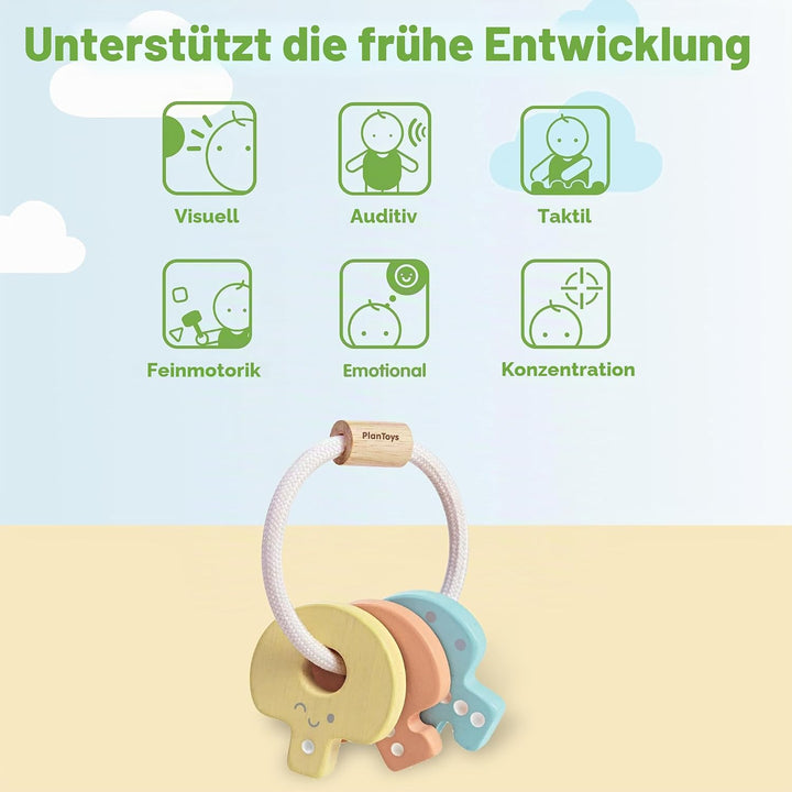 PlanToys Schlüsselrasseln Baby - Rassel und Beissring Baby - Greifling aus Holz - Babyspielzeug - Ho