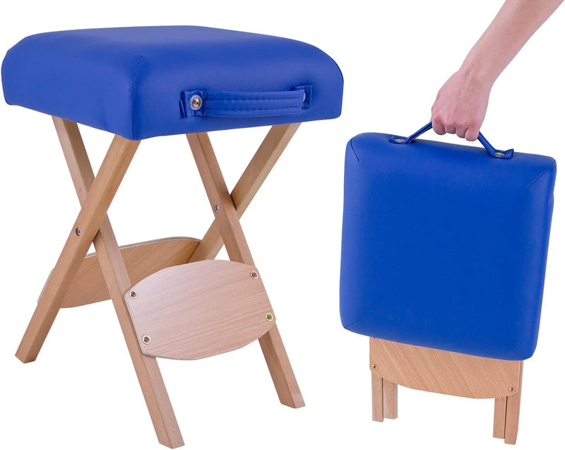 QUIRUMED Klapphocker aus Holz mit Sitz, blau gepolstert, vielseitig einsetzbar, Beistelltisch, Fusss