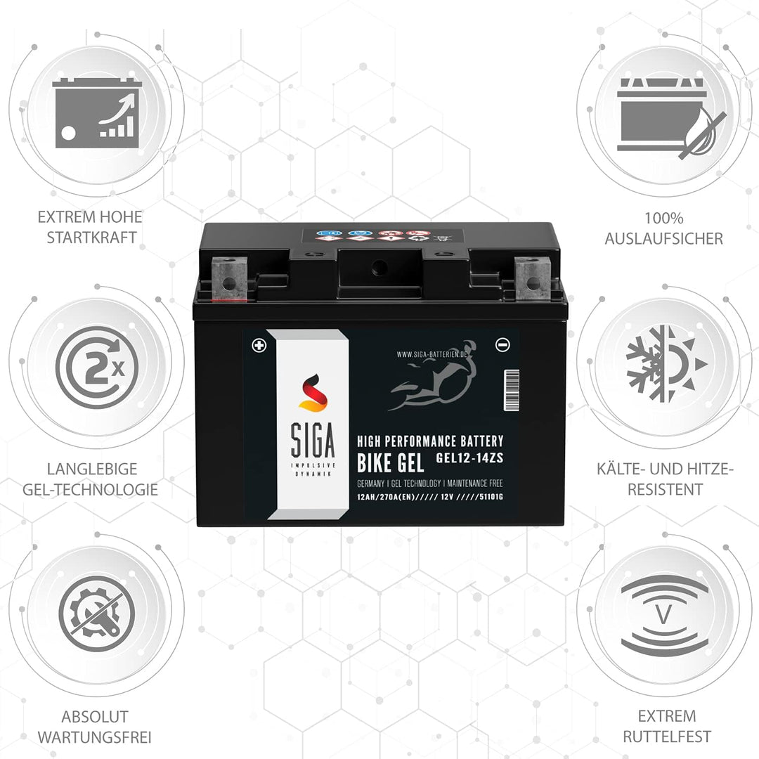 SIGA Gel Motorradbatterie 12V 12Ah 270A/EN Gel Batterie YTZ14-S GEL12-14ZS GTZ14-4 TTZ14S-4 51101 12
